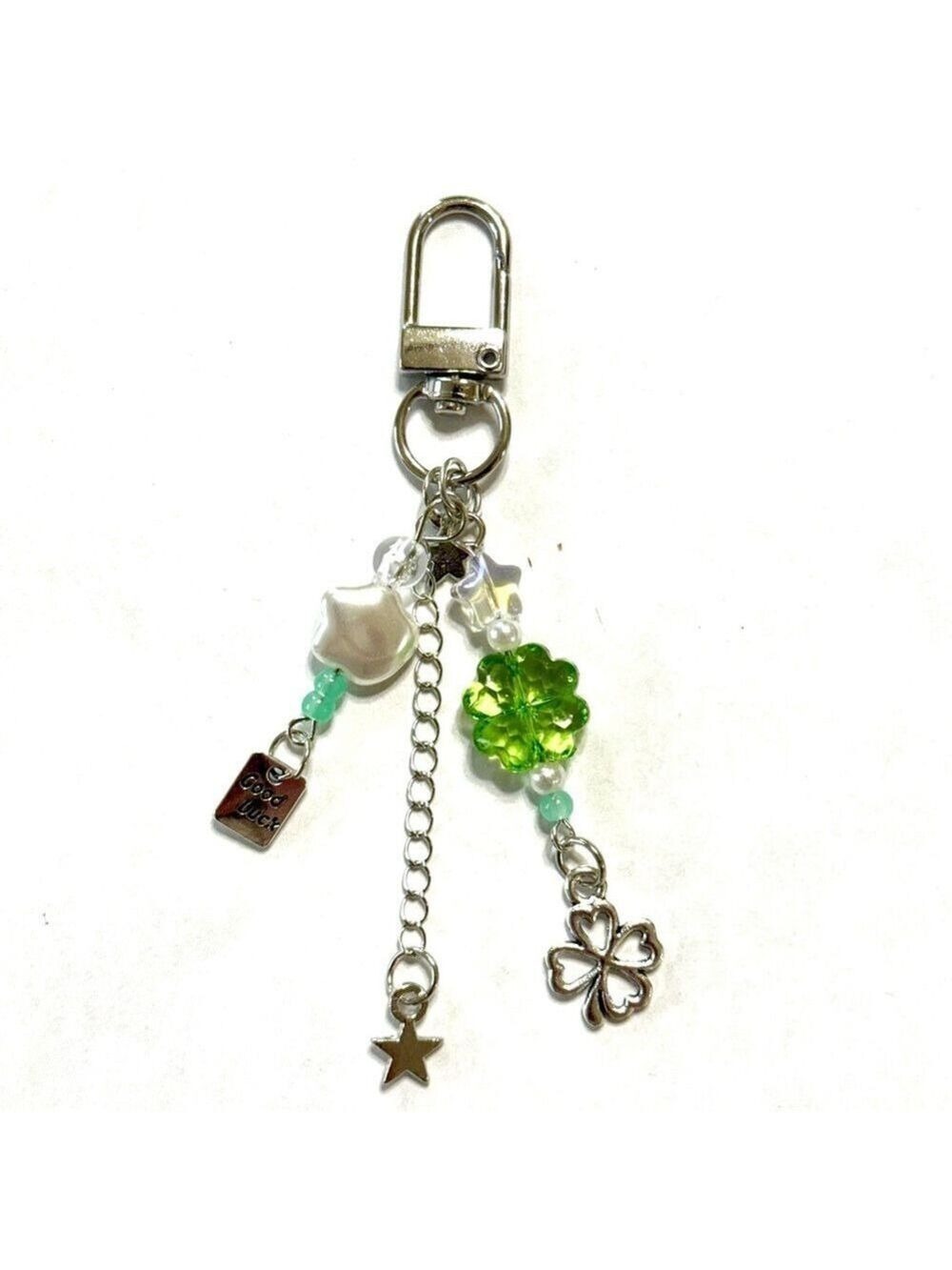 Silver and Green Shamrock 4 Leaf Clover Lucky Bag Charm Keychain New